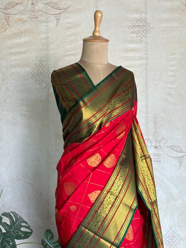 Semi Kanchi Silk Saree – Red with Green Zari Border