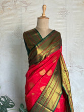 Semi Kanchi Silk Saree – Red with Green Zari Border