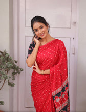 Red Modal Saree with Silver Buttas with Ajrakh Pallu