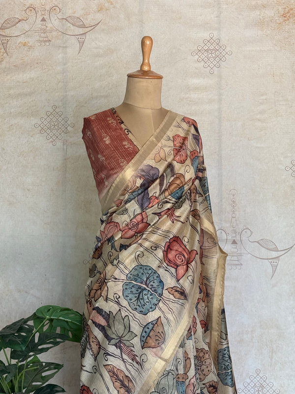 Pure linen kalamkari saree ivory base front drape studiovirupa