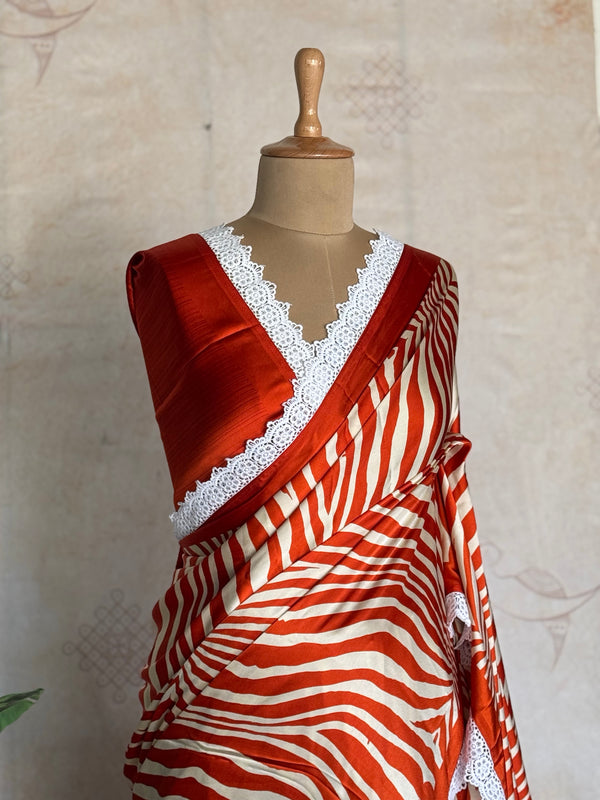 Modal Zebra Print Saree with Hakoba Lace Border