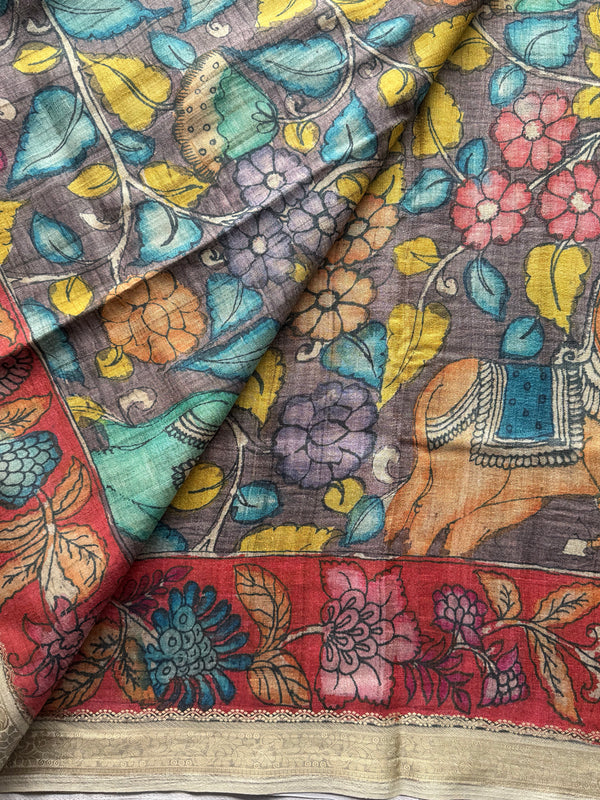 Gulmohar - Pen Kalamkari Tussar Silk Saree with Zari Border & Artistic Pallu