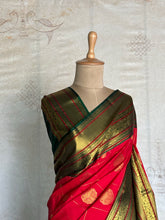 Semi Kanchi Silk Saree – Red with Green Zari Border