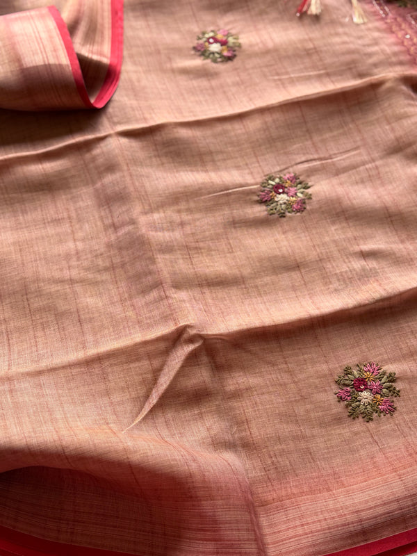 Ceya Linen Saree with Hand Floral Embroidery
