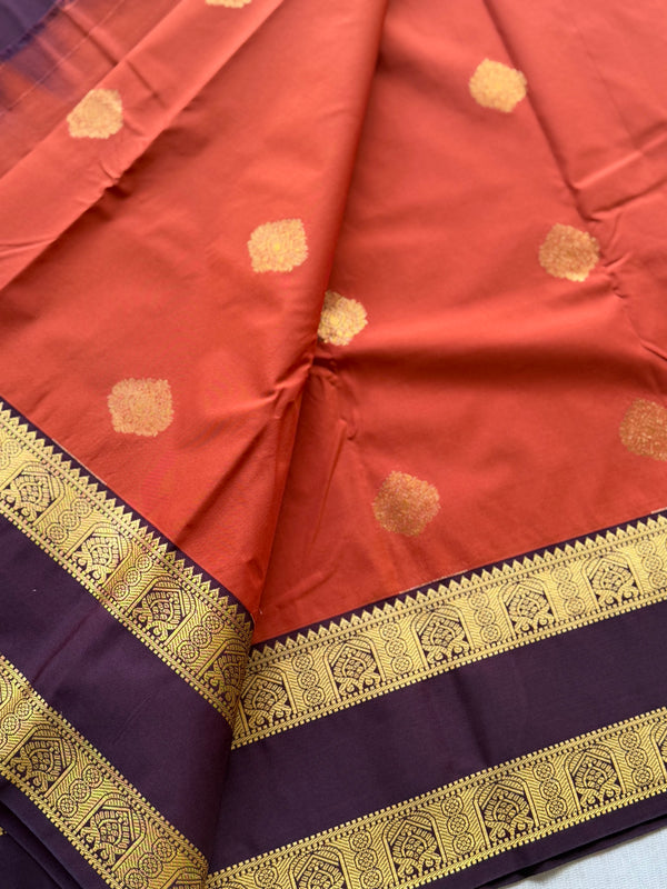 Semi Kanchi Silk Saree – Rust Orange & Deep Purple with Zari Buttas | Retta Petta Border