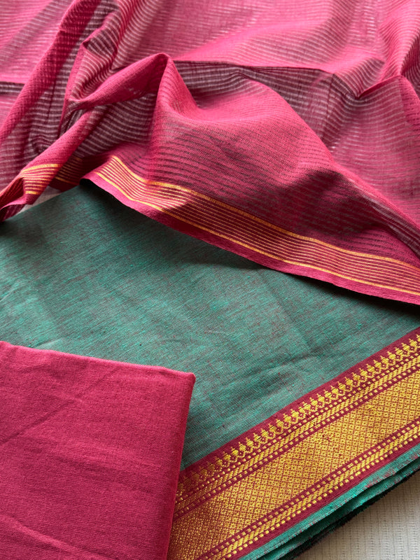 Sharika - Mangalgiri Cotton Unstitched 3 Piece Salwar Suit Set in Rani Pink & Emerald Green