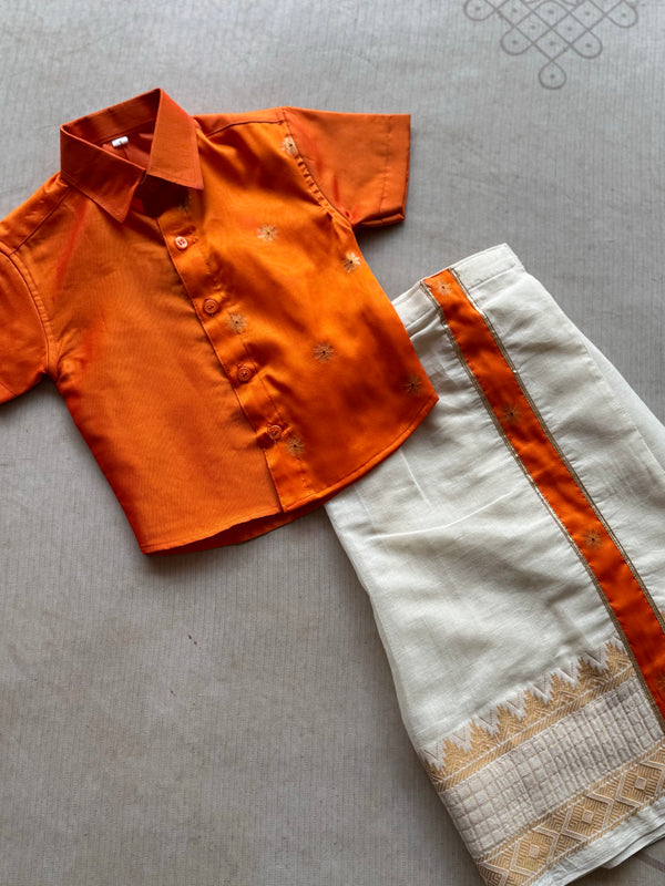 Boys Silk Shirt & Cotton Dhoti Set – Festive Orange Elegance