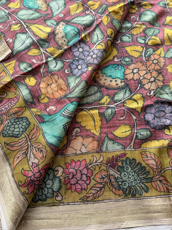 Gulmohar - Pen Kalamkari Tussar Silk Saree with Zari Border & Artistic Pallu