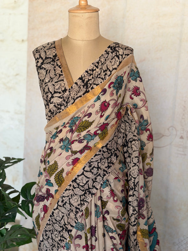Pure Chennuri Silk Kalamkari Saree with Zari Border