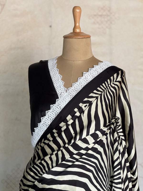Modal Zebra Print Saree with Hakoba Lace Border