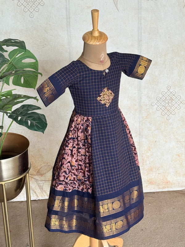 Thendral - Kids A-Line Dress With Kolam Embroidery & Sungudi Border