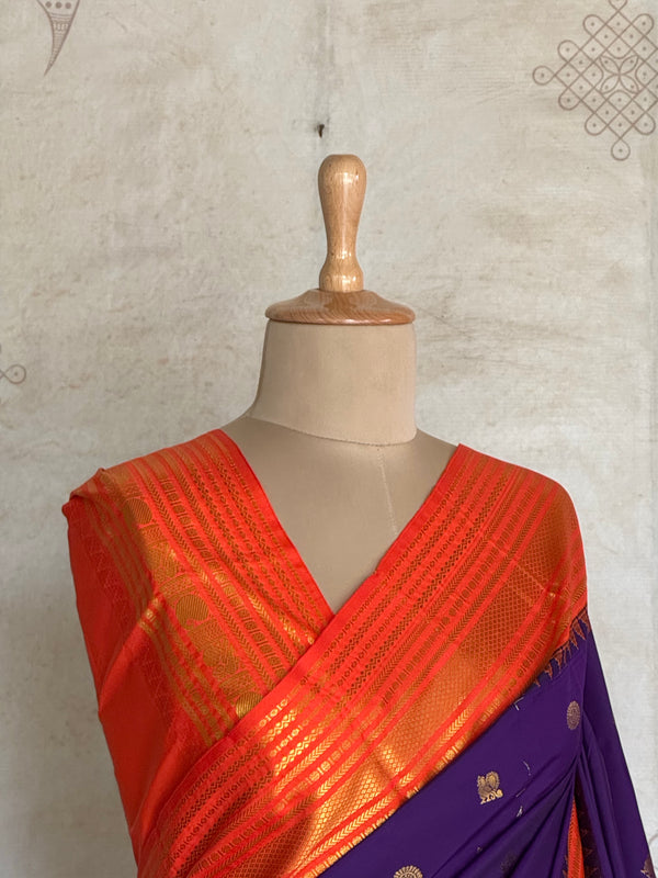 Semi Kanchi Silk Saree – Purple & Orange Zari