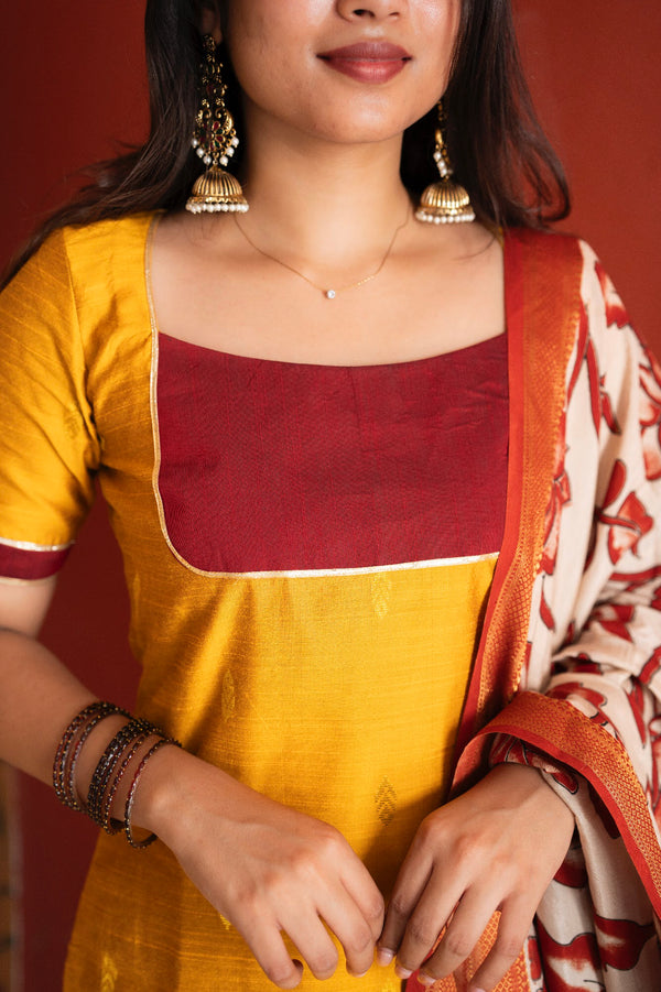 Pallavi - Raw Silk 3-Piece Suit Set with Kalamkari Dupatta