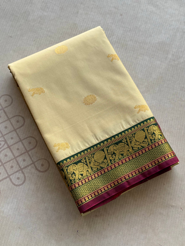 Semi Kanchi Silk Saree – Chakram & Elephant Zari Buttas