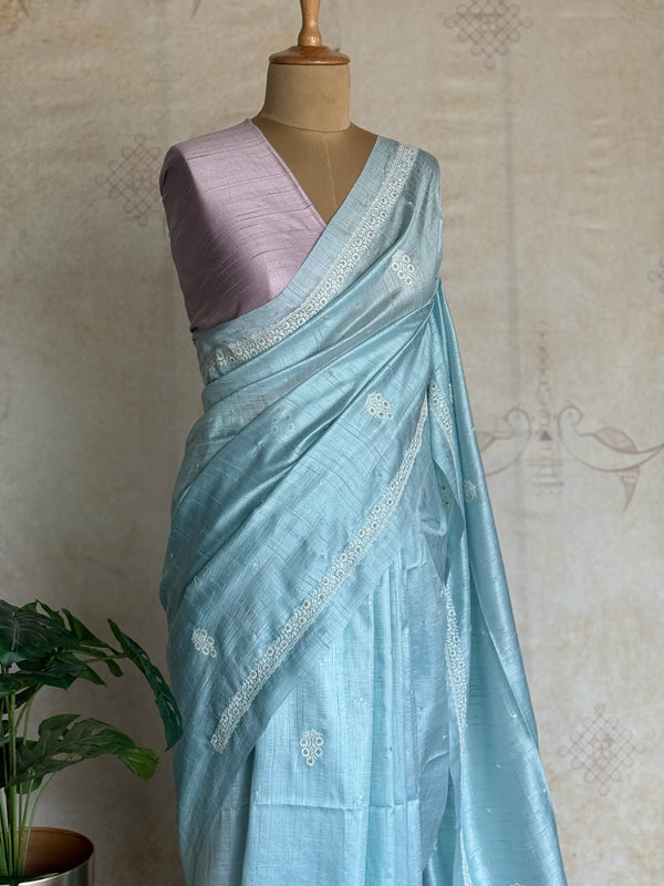 Chandheri Silk Saree – Mist Blue with Hand Embroidery & Blush Border