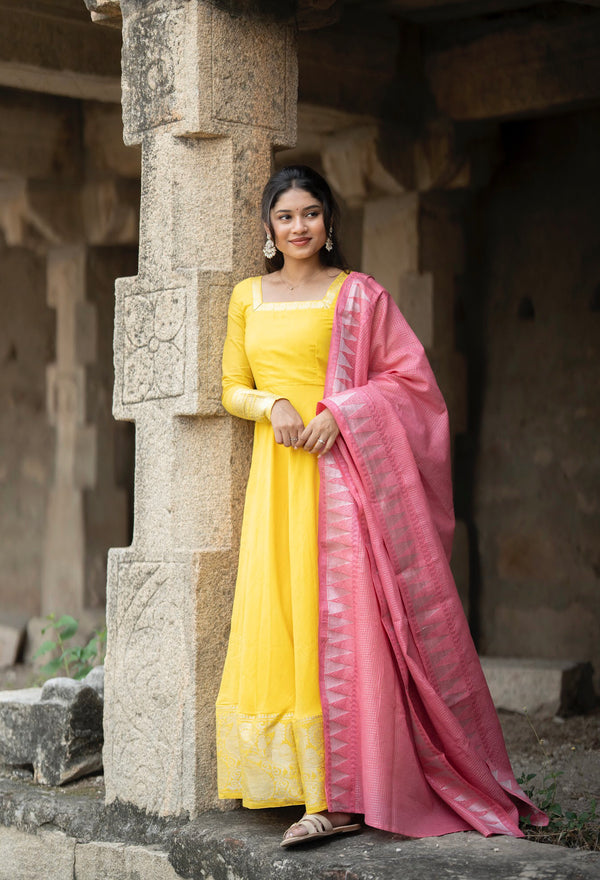 Hema - Pure Cotton Full Sleeve Anarkali Dress with Zari Border & Dupatta – Sunshine Yellow