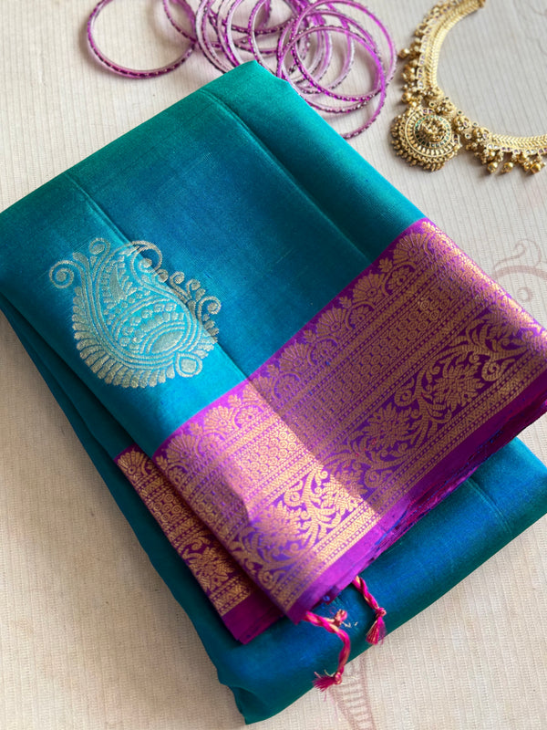 Pure Kanjivaram Soft Silk Saree with Paisley Zari Buttas & Kanchi Border – Vintage Edition