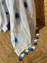 White Mul Cotton Hand-Painted Saree with Blue Floral Motifs