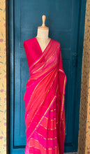 Mul Cotton Saree with Gold Zari Stripes – Rani Pink & Coral Blend