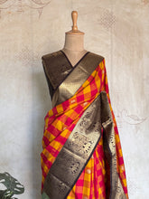 Semi Kanchi Silk Saree – Pink, Yellow & Red Checks