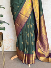 Forest Green Semi Kanchi Silk Saree with Kolam Buttas & Royal Purple Contrast Pallu