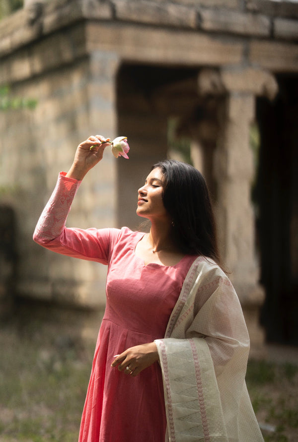 Padma - Pure Cotton Full Sleeve Anarkali Dress with Woven Dupatta – Blush Pink