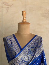 M.S Blue Banarasi Saree with Silver Zari Jaal Border