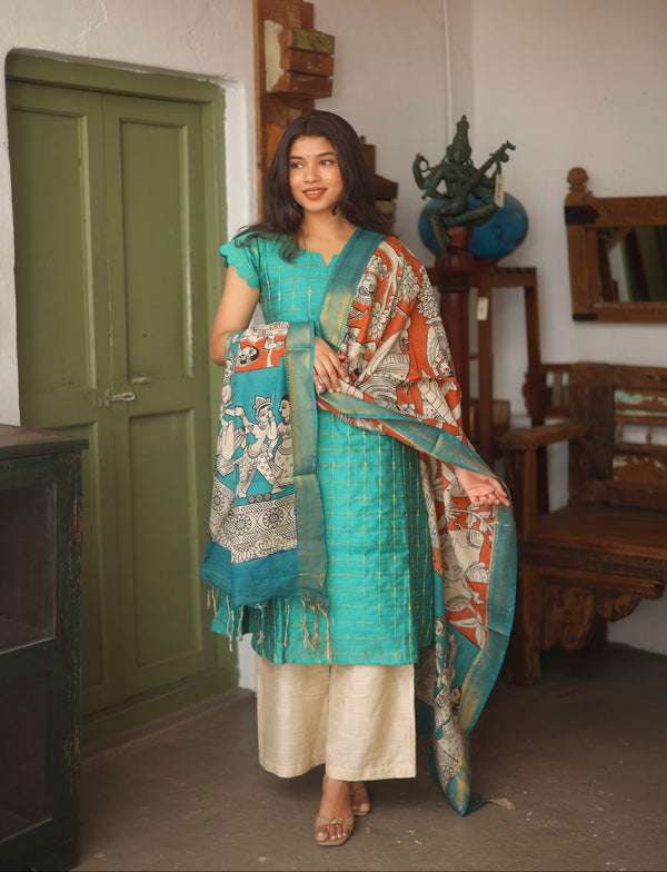 Amudham - Raw Silk 3-Piece Suit Set with Kalamkari Dupatta