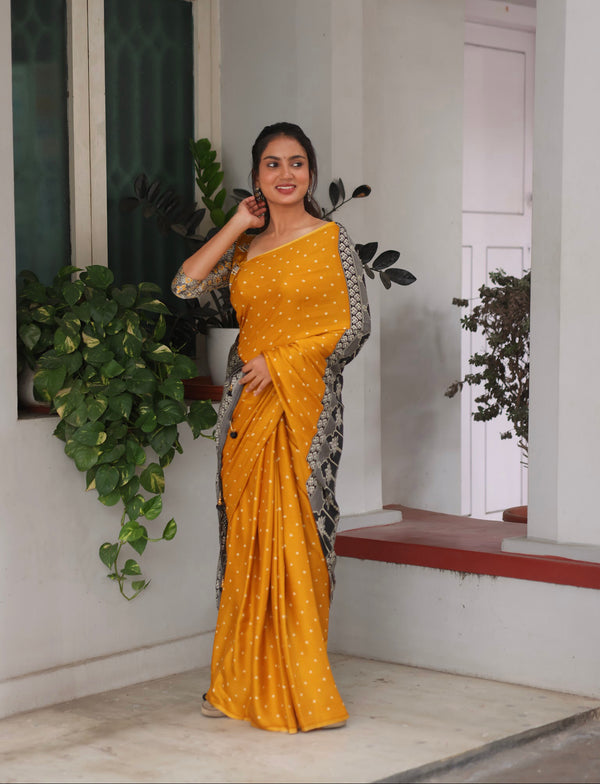 Mustard Modal Saree with Silver Buttas with Ajrakh Pallu