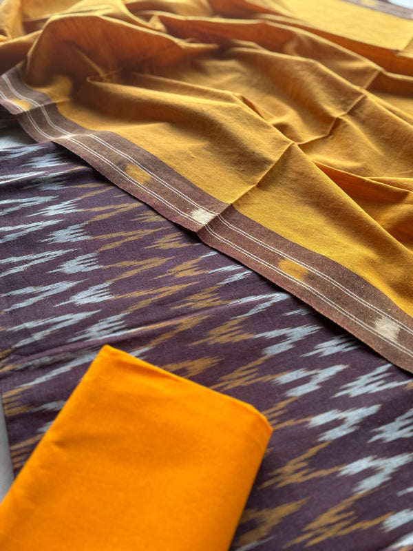 Kamazhi - Ikkat Cotton 3 Piece Suit Set - Brown & Yellow
