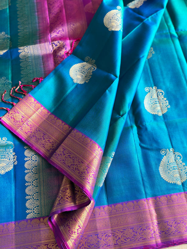Pure Kanjivaram Soft Silk Saree with Paisley Zari Buttas & Kanchi Border – Vintage Edition