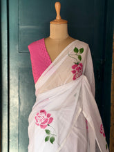Off-White Mul Cotton Hand-Painted Saree with Pink Rose Motifs & Hakoba Blouse