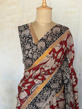 Pure Chennuri Silk Kalamkari Saree with Pichwai Florals & Bal Krishna Motifs – Red & Black with Zari Border