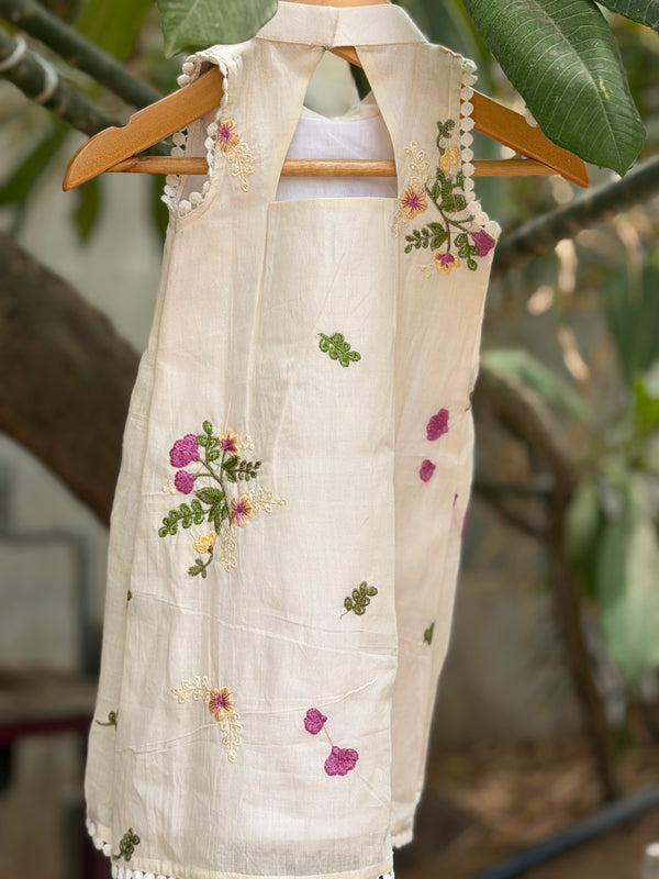 Pleated A line Floral Embroidered Dress - Purple