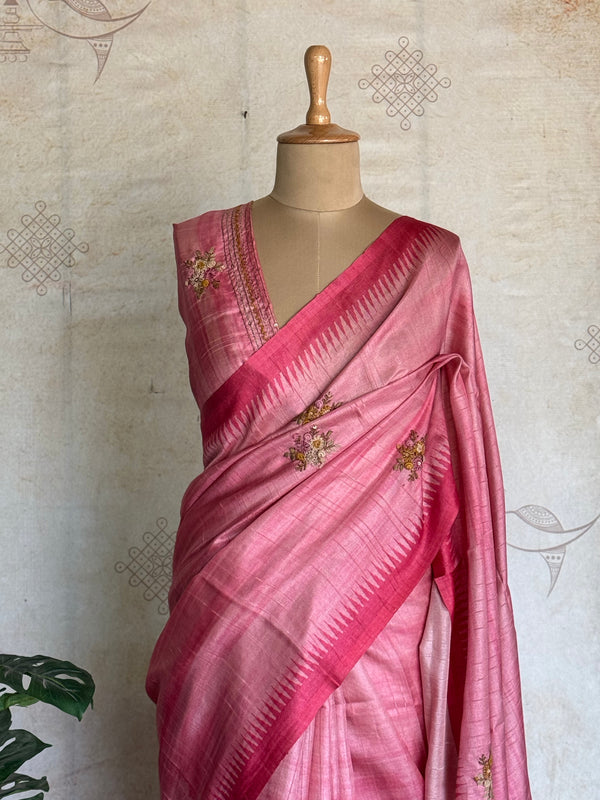 Ceya - Pink Tussar Silk Saree with Floral Hand Embroidery & Statement Pallu