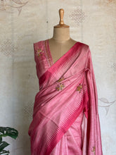 Ceya - Pink Tussar Silk Saree with Floral Hand Embroidery & Statement Pallu