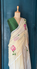 Off-White Mul Cotton Hand-Painted Saree with Pink Rose Motifs