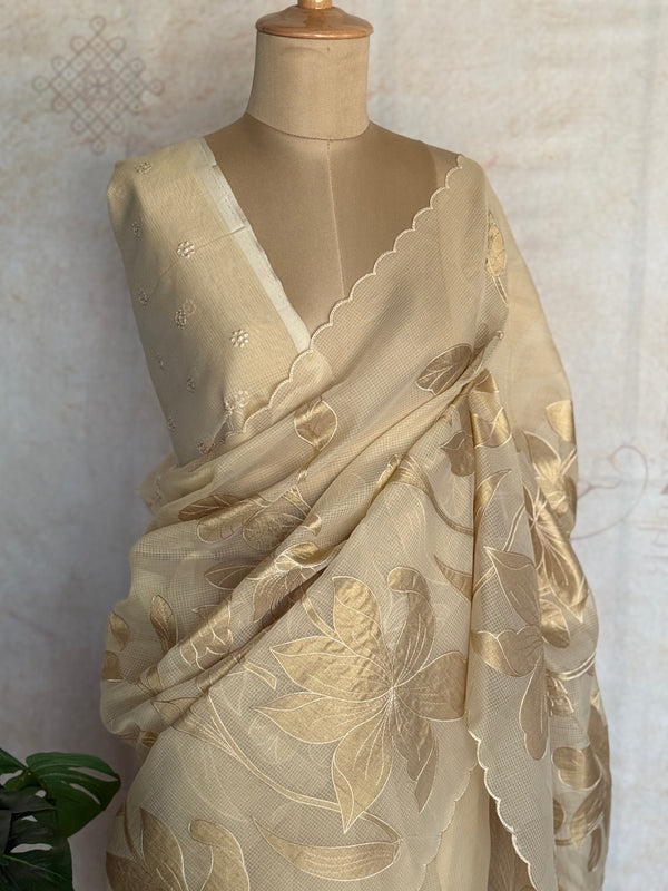 Kota silk Saree with Gold Floral Appliqué Border | Handcrafted Appliqué Work Saree