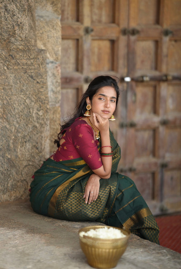 Nakshatra - Sungudi Cotton Saree Green with Kolam Embroidered Red Blouse