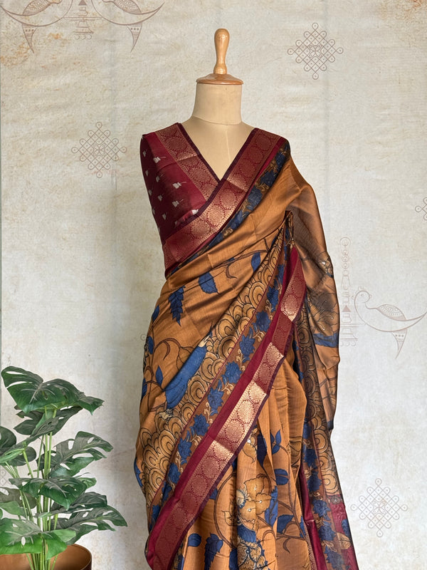 Parijata - Dola Silk With Kalamkari Prints And Zari Border