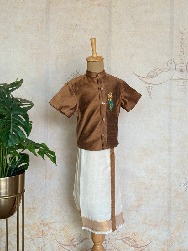 Velum Mayilum Hand-Embroidered Boys Temple Shirt & Dhoti Set — South Indian Traditional Ethnic Wear Vishu Edit