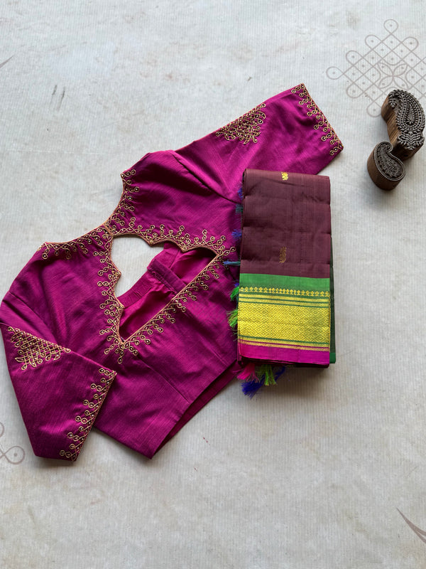 Pure Thirubuvanam Silk Saree in Arakku with Green | Handwoven Traditional Zari Saree with Aari Work Blouse