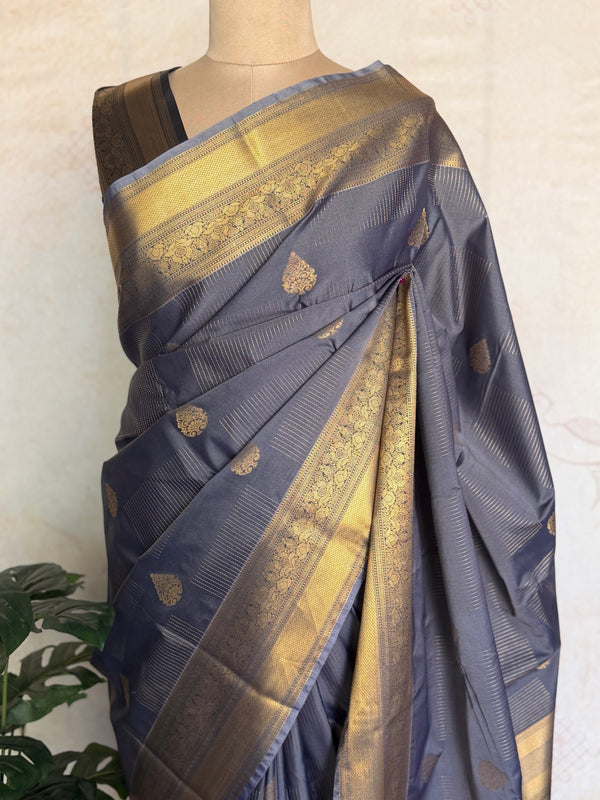 Midnight Blue Semi Kanchi Silk Saree with Gold Zari Buttas
