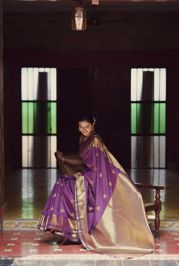 Semi Kanchi Silk Saree - Deep Purple with Golden Zari