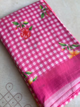 Pure Mangalgiri Silk Pink Gingham Checks Saree with Floral Digital Prints