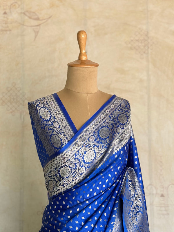 M.S Blue Banarasi Saree with Silver Zari Jaal Border