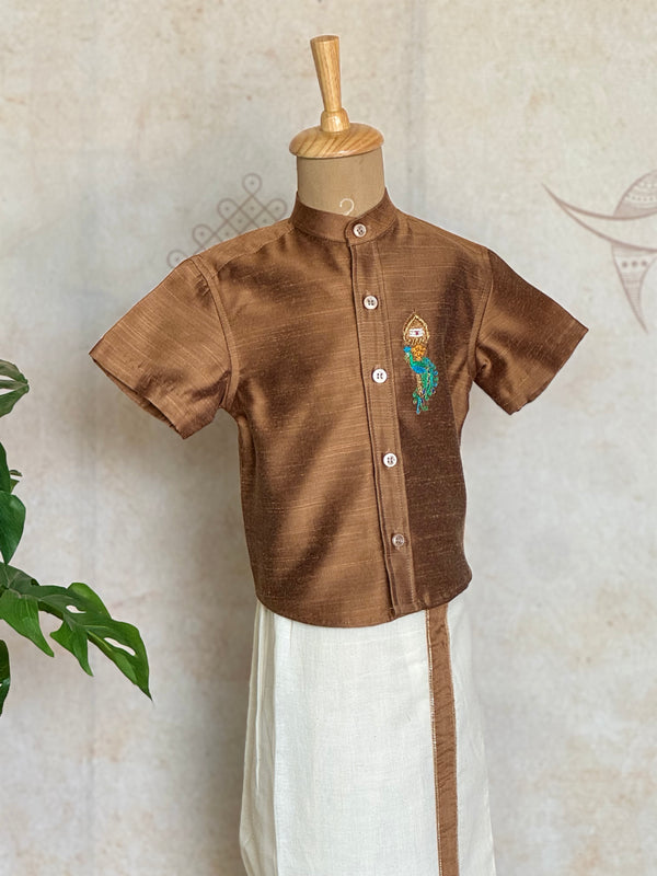 Velum Mayilum Hand-Embroidered Boys Temple Shirt & Dhoti Set — South Indian Traditional Ethnic Wear Vishu Edit