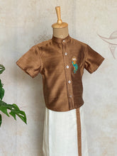 Velum Mayilum Hand-Embroidered Boys Temple Shirt & Dhoti Set — South Indian Traditional Ethnic Wear Onam Edit