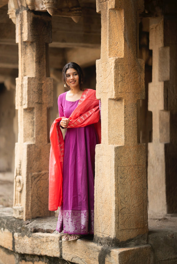 Rutvi - Pure Cotton Full Sleeve Anarkali Dress with Woven Dupatta – Royal Purple