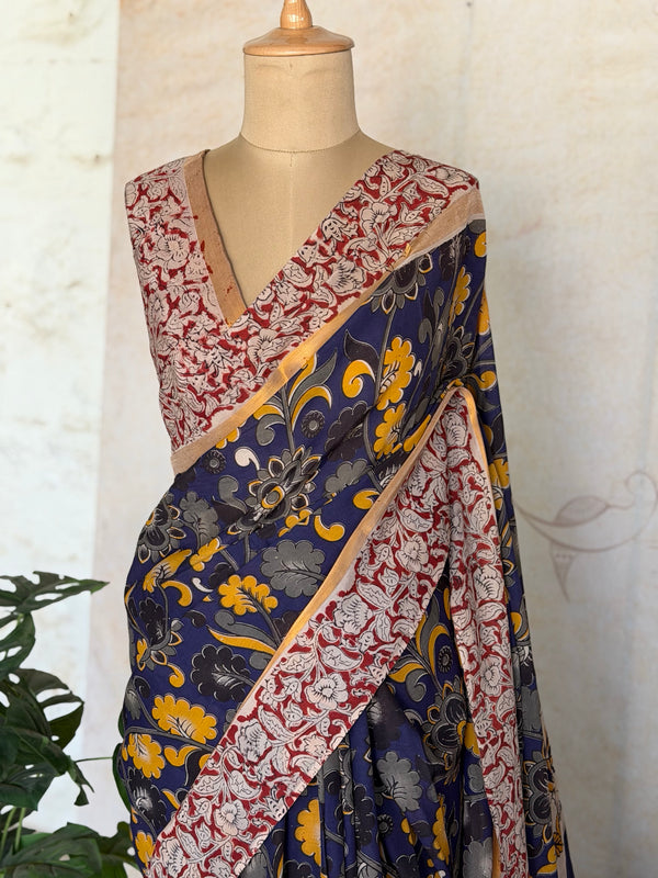 Pure Chennuri Silk Kalamkari Saree with Zari Border & Peacock Pallu